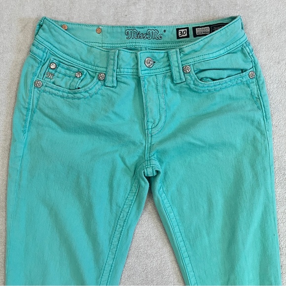 Miss Me Womens Size 30 Ankle Skinny Jeans Embellished Moto Mint Green Stretch - Picture 6 of 15